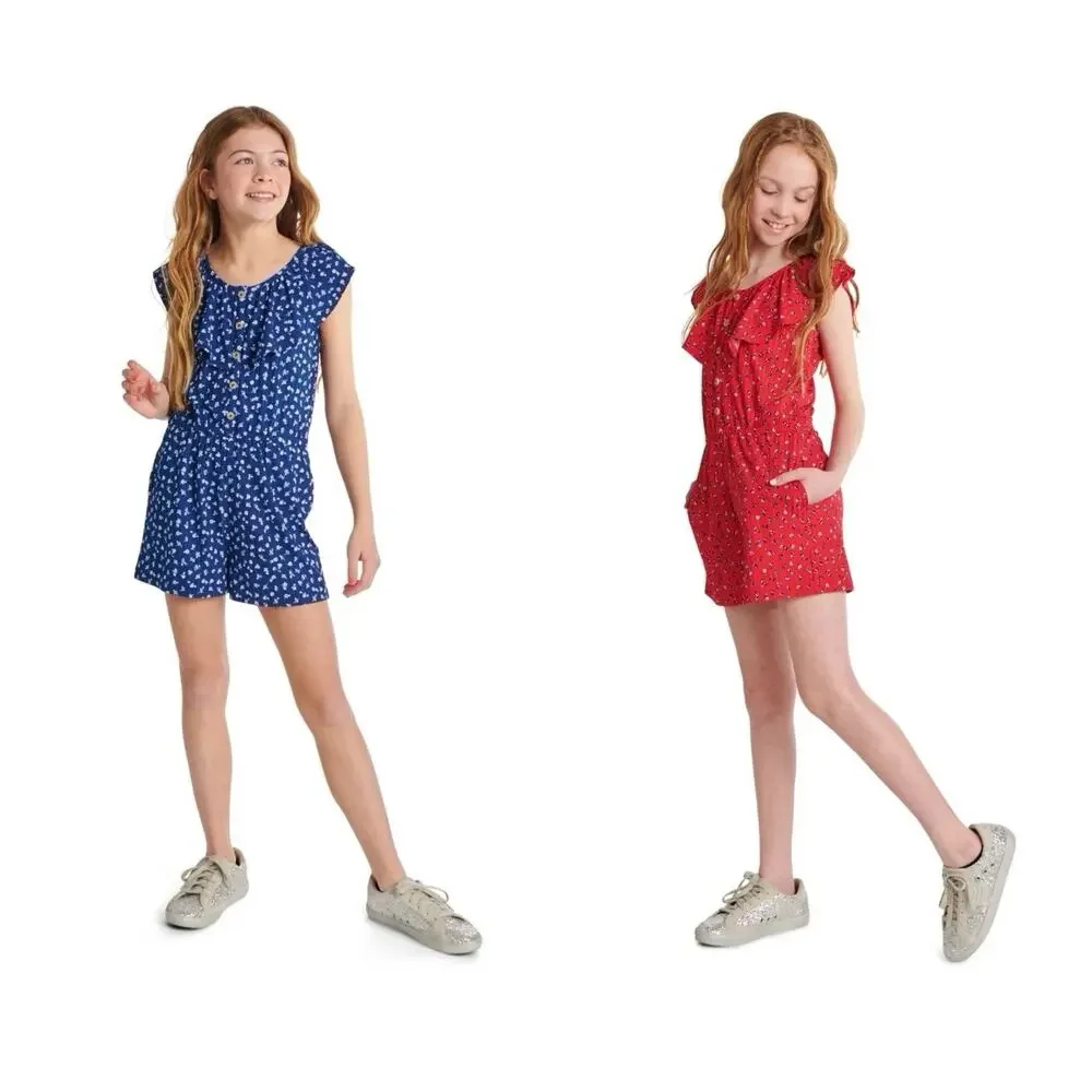 Lot Of 2 Justice Floral Ruffle Sleeveless Elastic Waist Girls Romper Size M 10